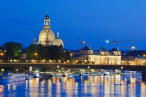 View over the Elbe on baroque old town, Brühl's Terrace, Church of Our Lady, ships of the Weiße Flotte, dusk, Dresden, Saxony, Germany, View over the Elbe on baroque old town, Brühl's Terrace, Church of Our Lady, ships of the Weiße Flotte, dusk, Dresden, Saxony, Germany,